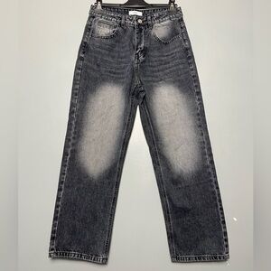 NAMA Wide Leg Faded Black Denim High Rise Distressed Relaxed Jeans Size L
